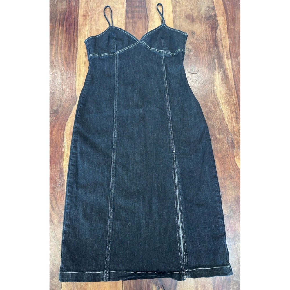 TOPSHOP denim mini dress women size 10 dark wash blue contrast stitch cami - Picture 2 of 9